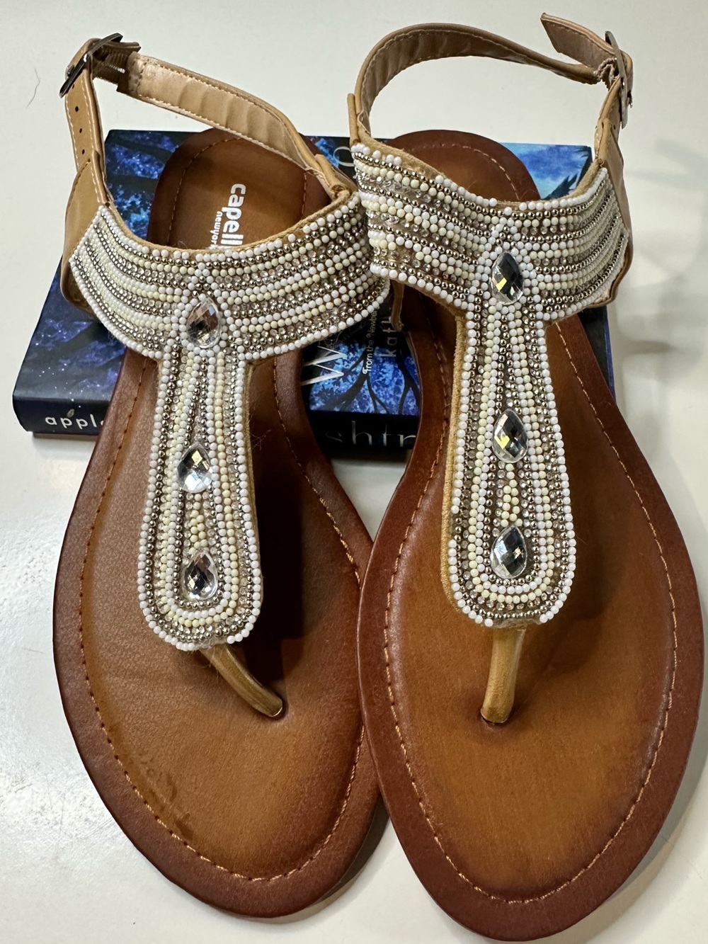 Capelli of New York Beaded T-Strap Sandals in Tan and Beige